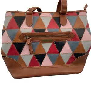 Frye and Co. Geometric Patchwork Tote Bag Brown Pink Red Faux Leather Large